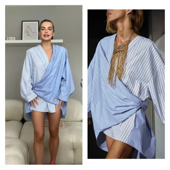 Zara Women’s Blue and White Striped Peoni Shirt Size XSMALL - Picture 3 of 7